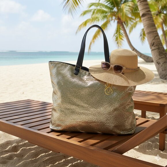 Victoria's Secret Glittering Gold Tote with Dark Straps - Picture 1 of 5